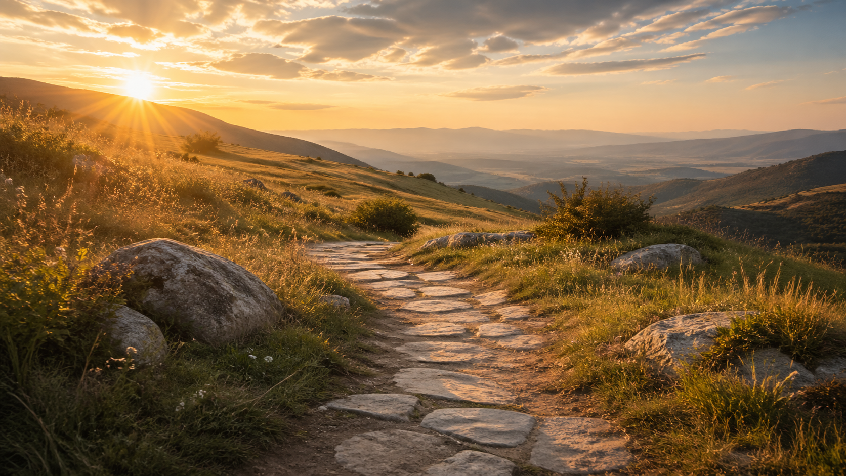 Sunlit path at daybreak through a quiet landscape, reflecting humble service and God’s faithful guidance.