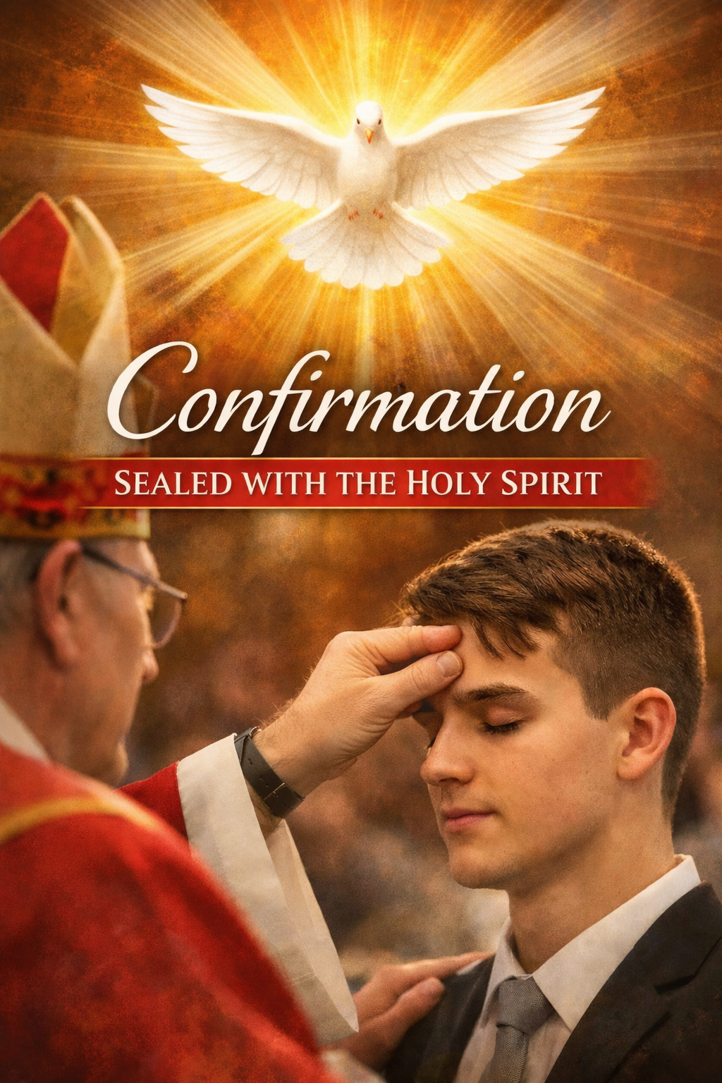 Bishop anointing a young man’s forehead during the sacrament of Confirmation with a radiant dove symbolizing the Holy Spirit above