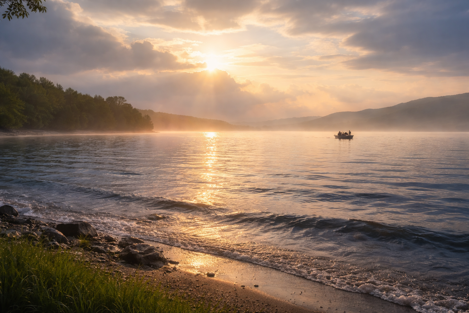 Morning light breaking over a restless lake as a small boat moves toward calm water.