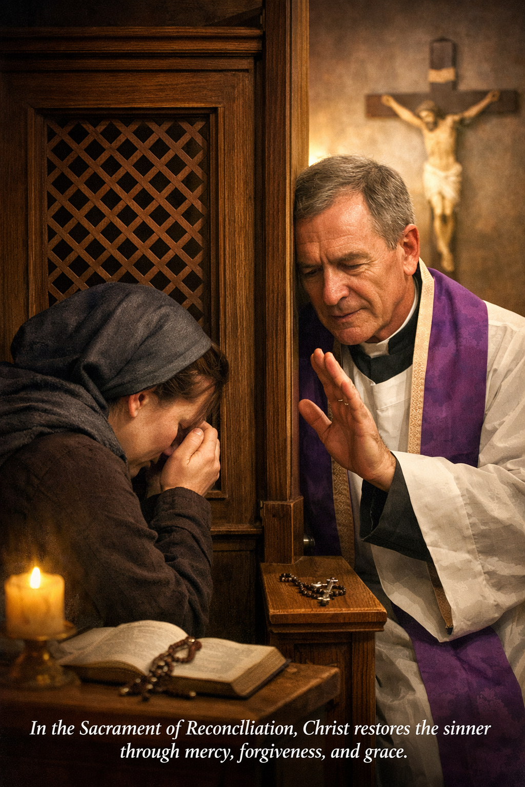 Priest hearing confession as a penitent seeks God’s mercy in the Sacrament of Reconciliation