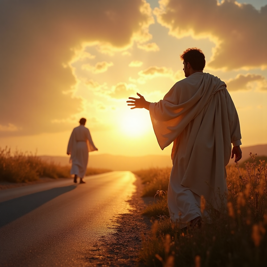Man by roadside reaching toward light, symbolizing Bartimaeus and mercy.