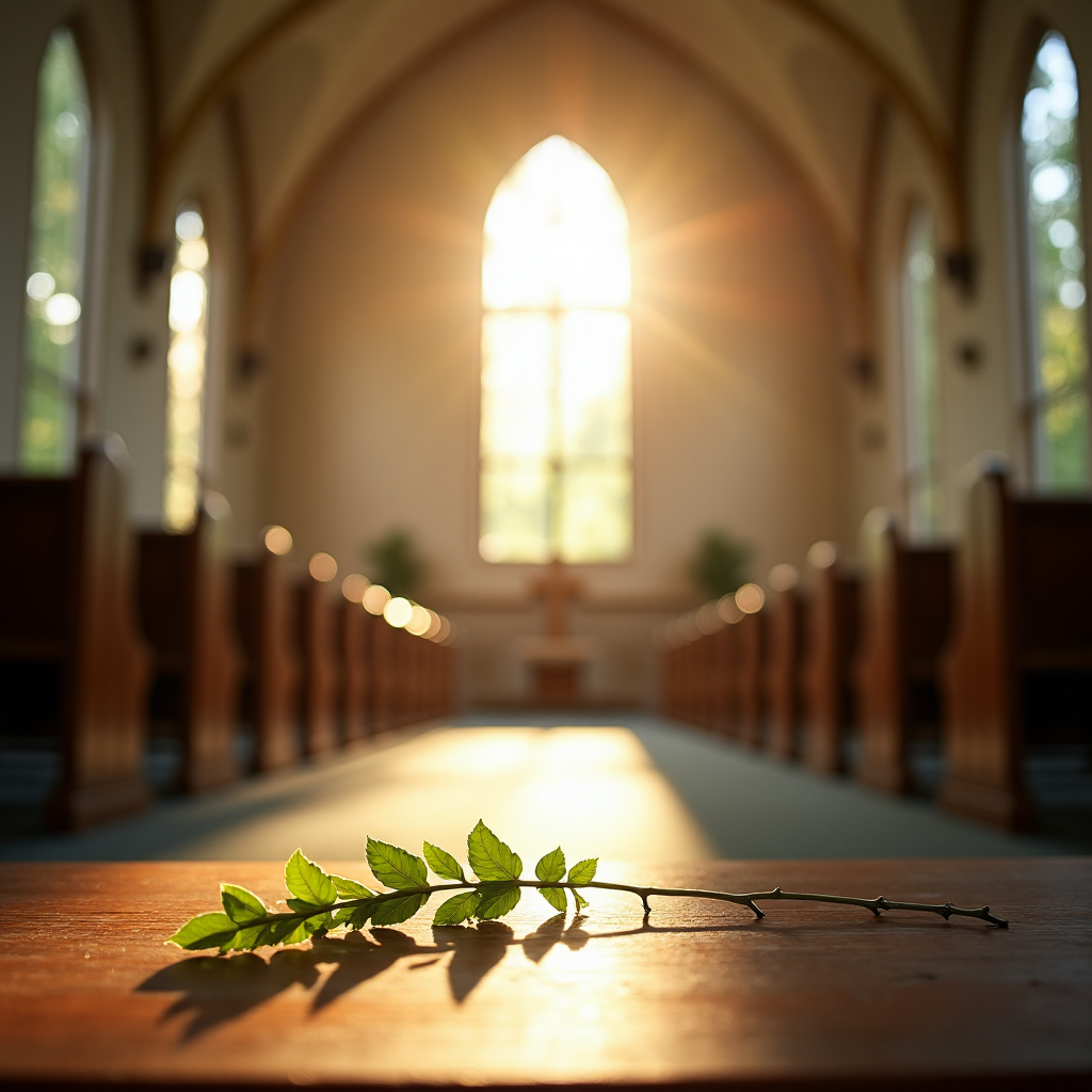 Sunlit church interior with green branch, symbolizing prayer and forgiveness.