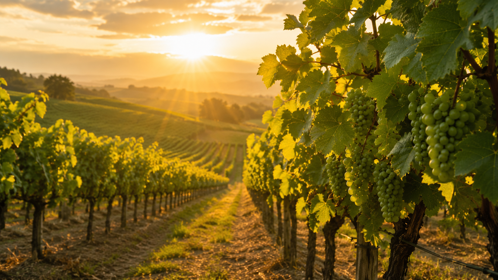 Morning sunlight shining through healthy vineyard rows with green vines.
