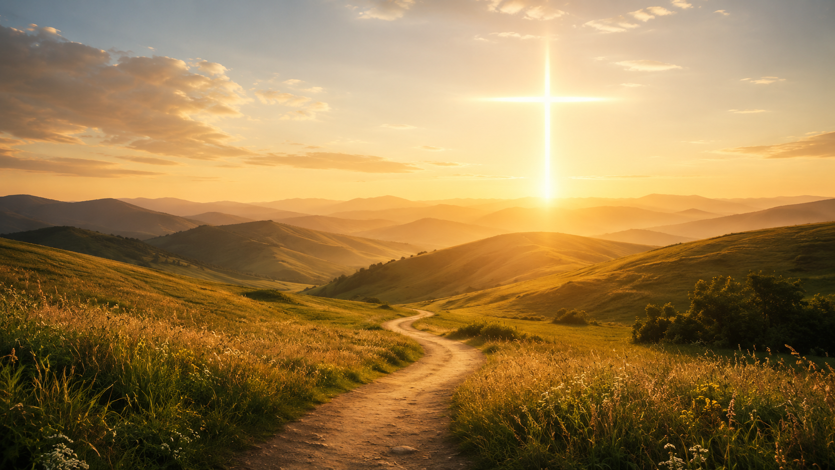 A radiant cross shining in the morning light over a peaceful path and rolling hills.