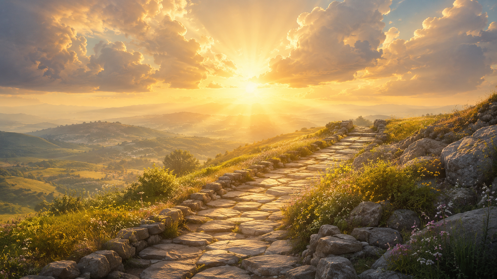 Golden sunrise above ancient hills and stone pathway symbolizing hope and Christ’s ascension.