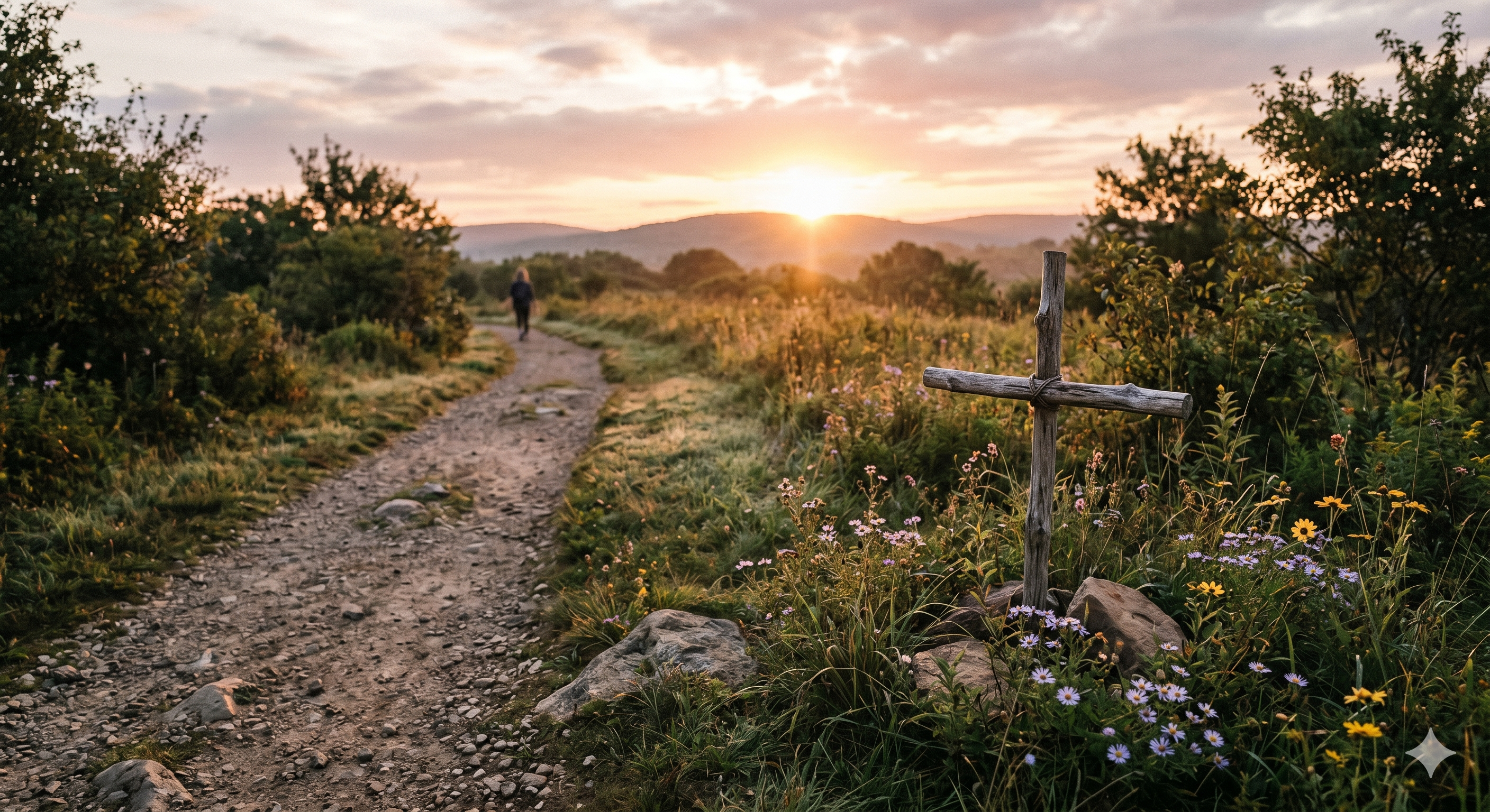 Sunrise path with a small cross, symbolizing courage to finish the course with faith.