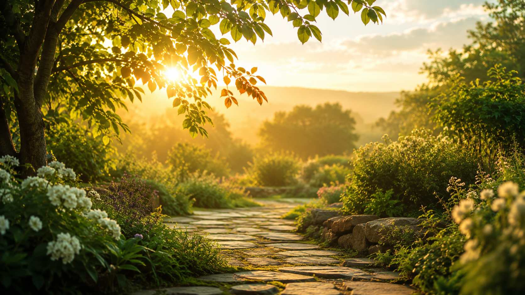 Sunlit garden path beneath green branches in soft morning light.