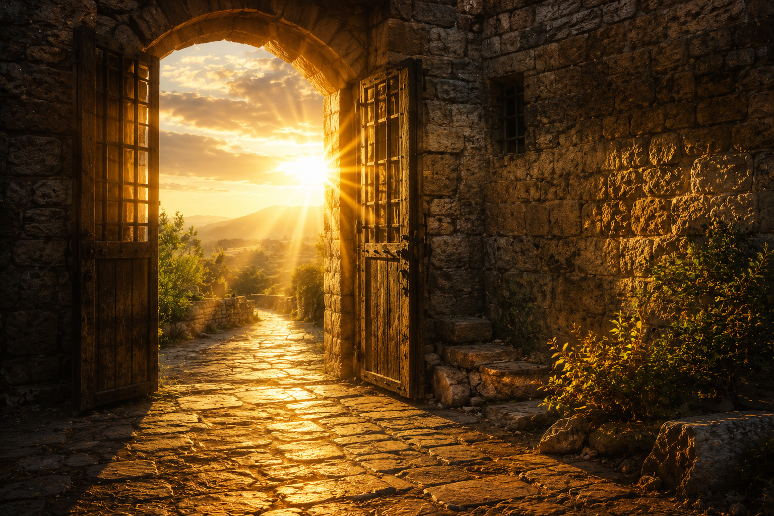 Golden sunrise shining through open prison doors beside a peaceful stone pathway.