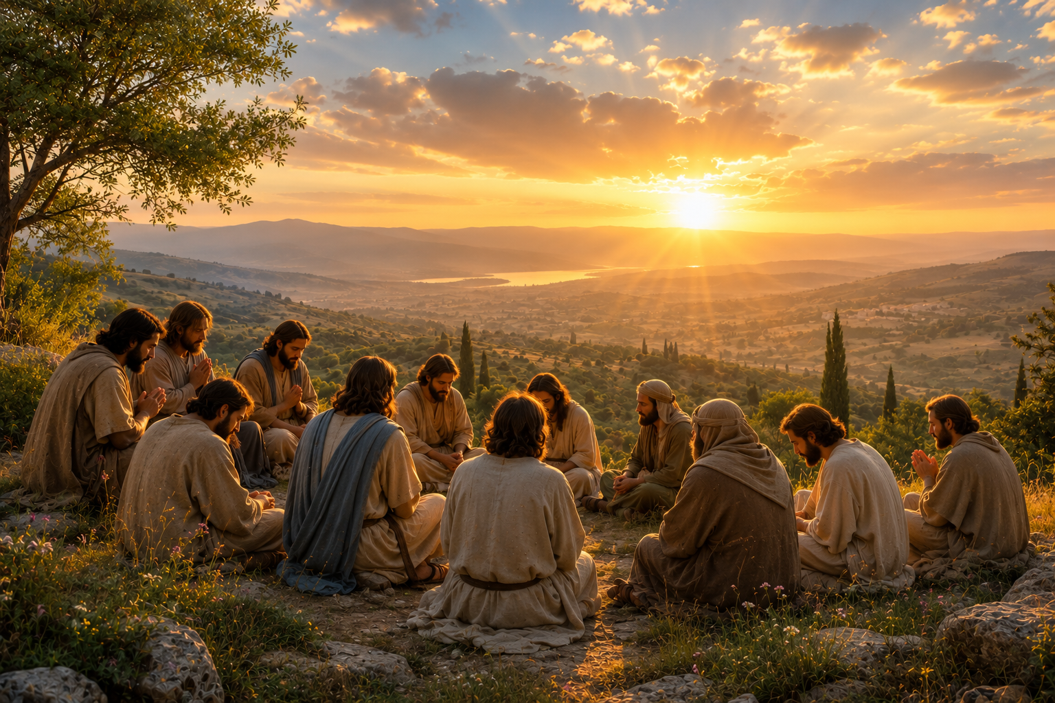 Disciples gathered in prayer at sunrise while waiting faithfully in hope and trust in God.