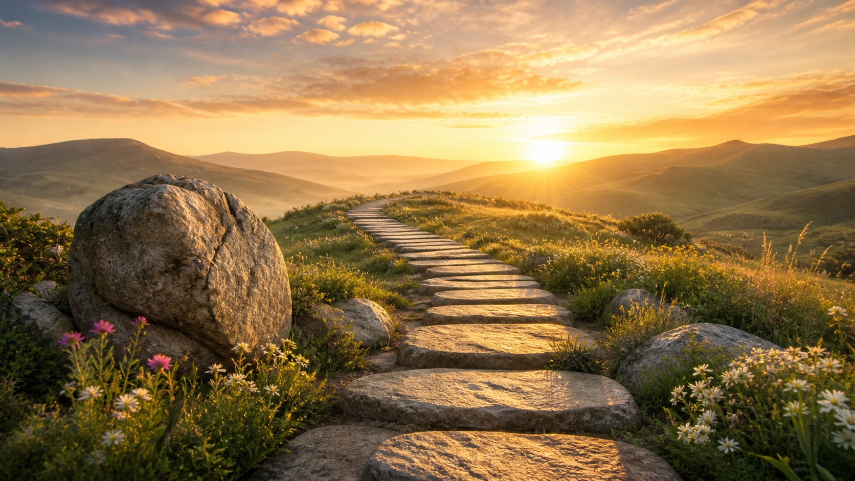 Stone pathway at sunrise leading through a peaceful landscape with warm golden light.