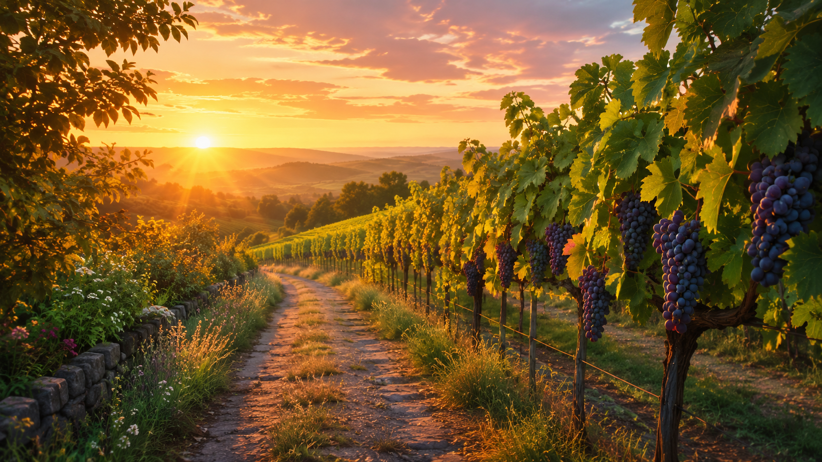 Sunrise over a quiet vineyard path with warm light and fruitful vines.