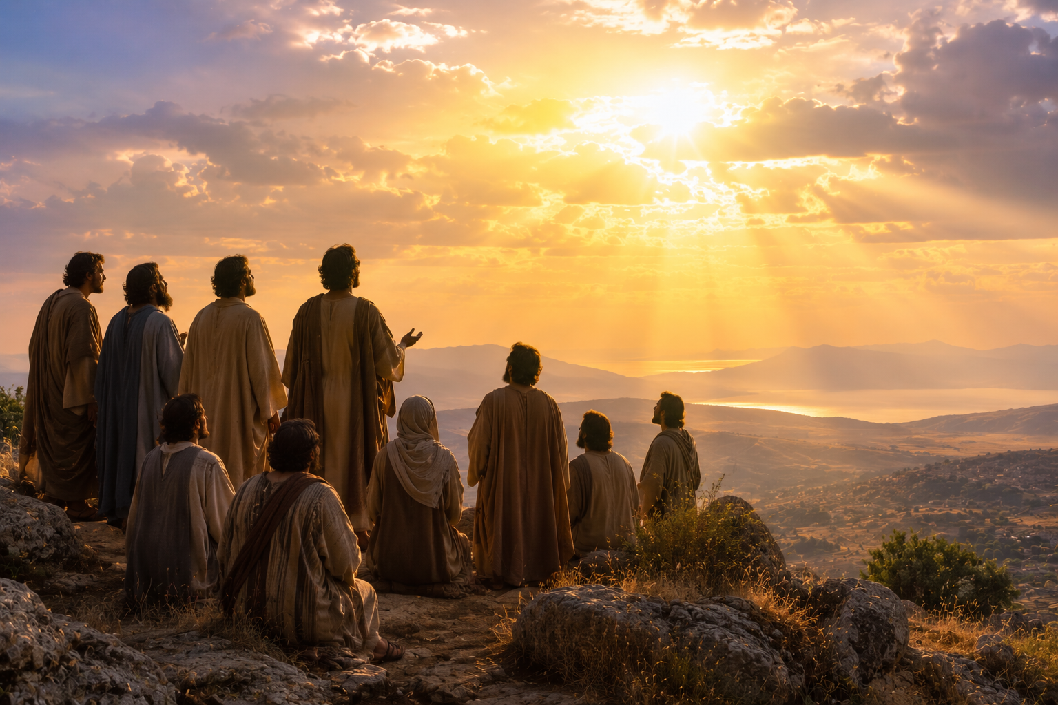 Disciples on a mountaintop at sunrise reflecting on the Ascension of Jesus in hope and prayer.