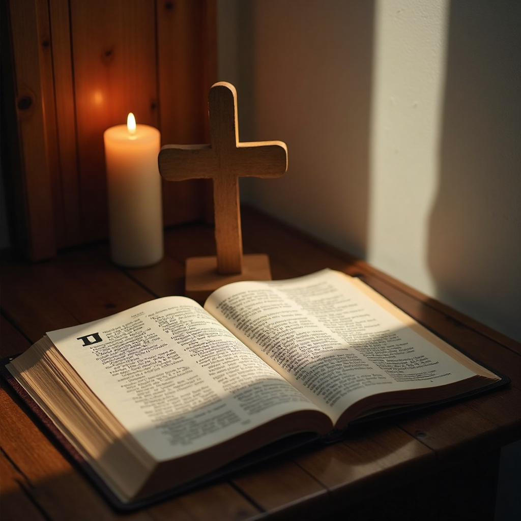 Quiet prayer corner with candle, Bible, and wooden cross