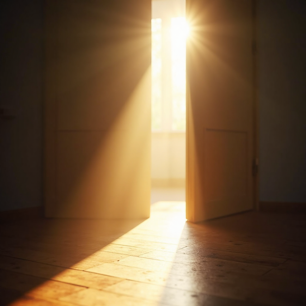Morning light shining through a quiet doorway, symbolizing humility and mercy.