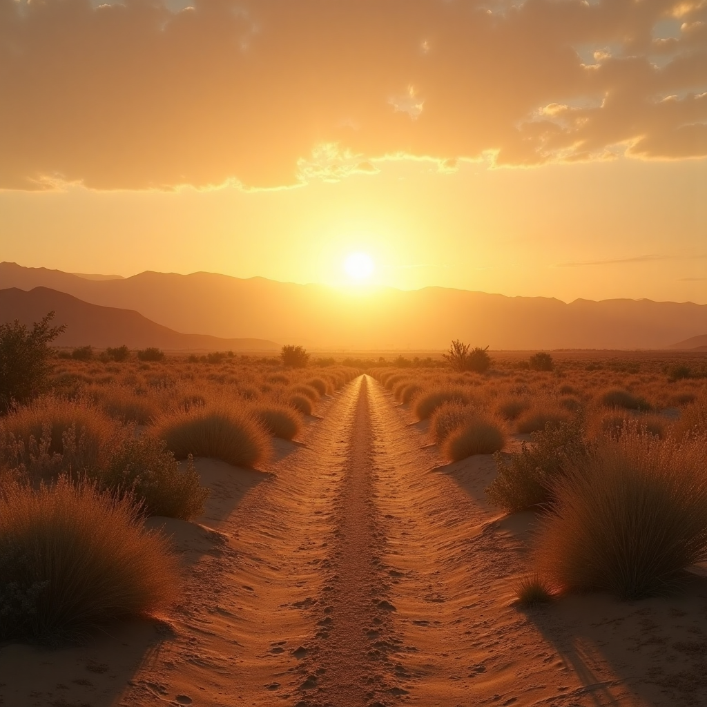 Sunrise over a quiet desert path symbolizing John the Baptist’s mission.