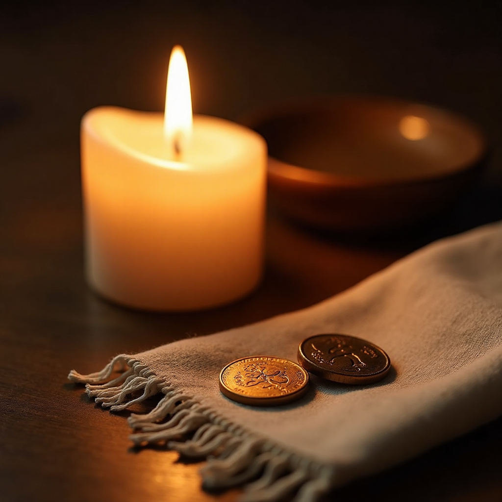 Two small coins beside a candle and prayer cloth