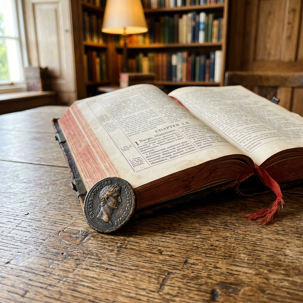 Open antique book with Latin text marked by a Roman coin on wooden table