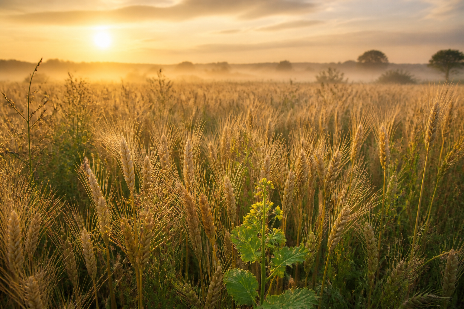 Golden wheat and weeds growing together in a peaceful field illuminated by sunrise.