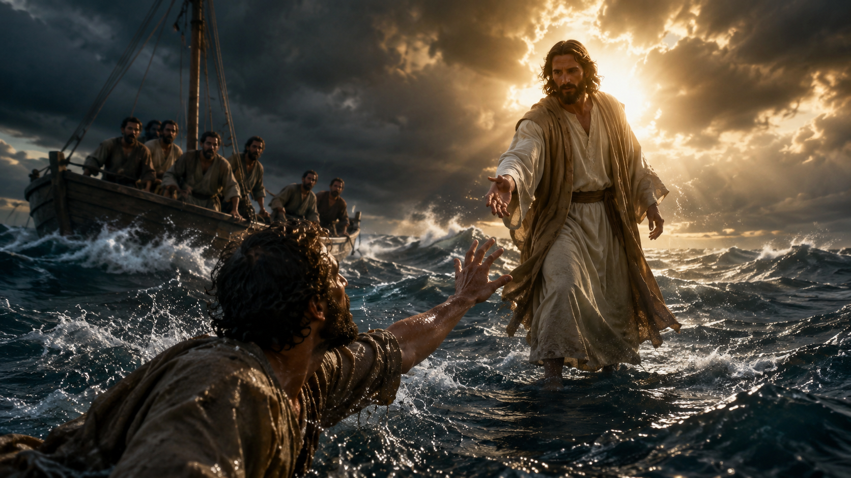 Jesus reaches toward Peter as he begins to sink in the stormy sea while the disciples watch from a nearby boat.