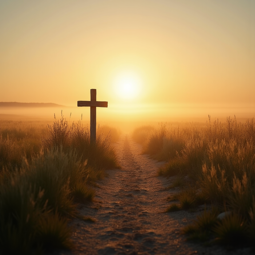 Dawn light shines along a quiet path beside a simple wooden cross in a peaceful field.