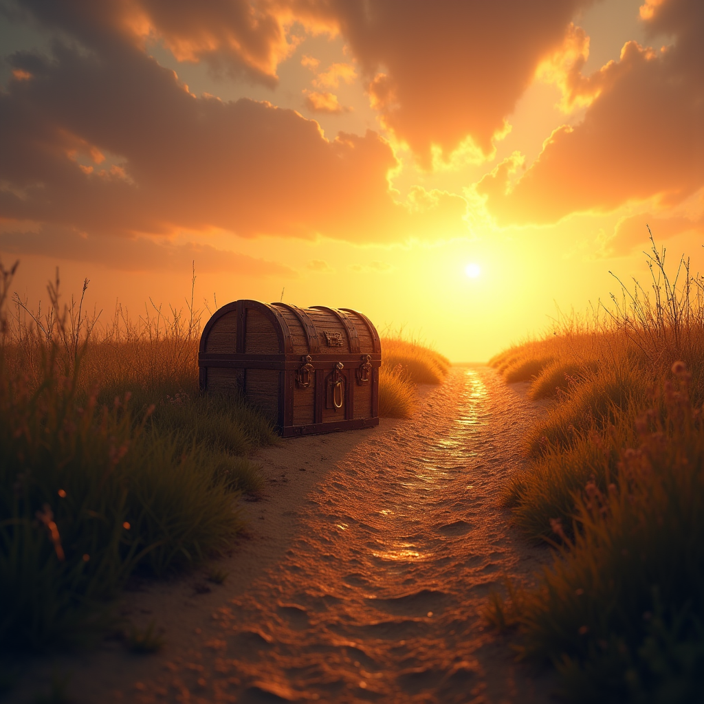 A dawn-lit path leads past a shadowed treasure chest toward a bright open horizon.
