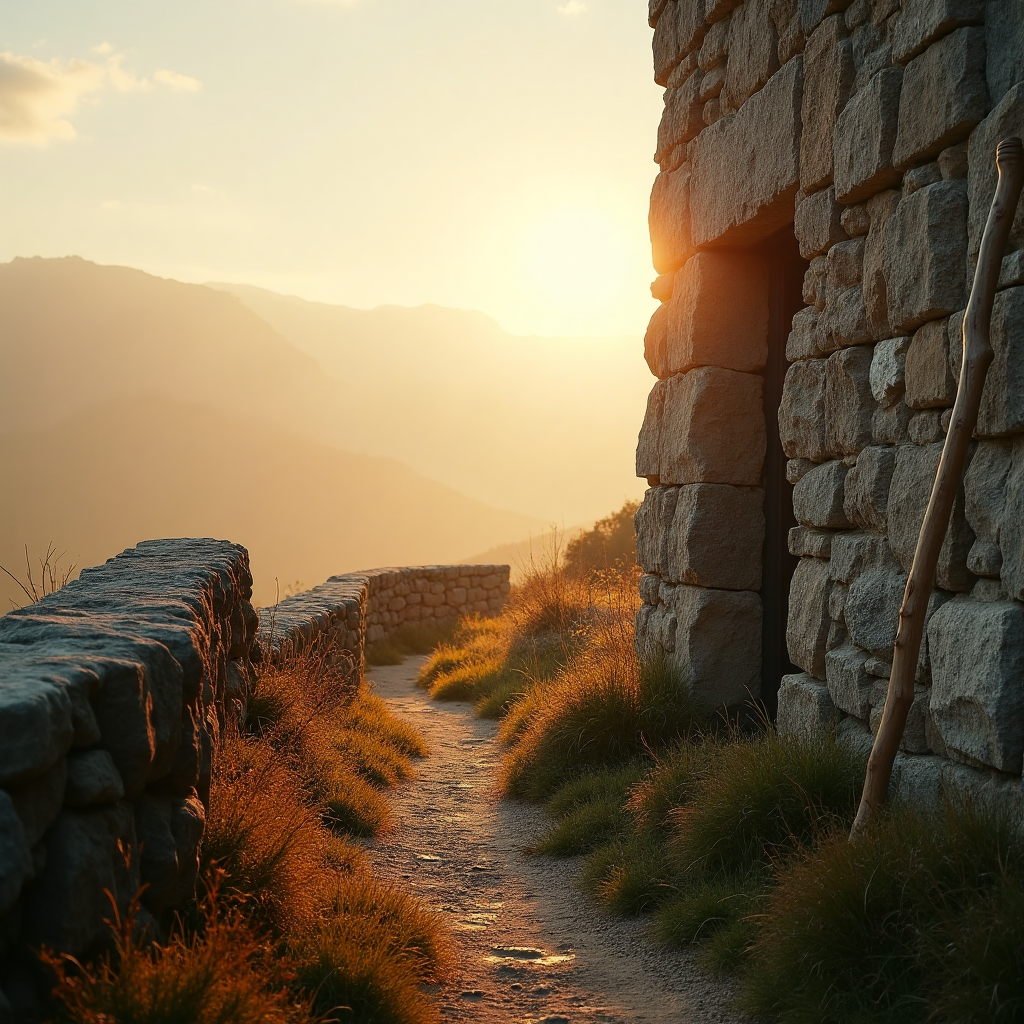 Dawn light shines along a quiet path beside a stone wall and simple wooden staff.