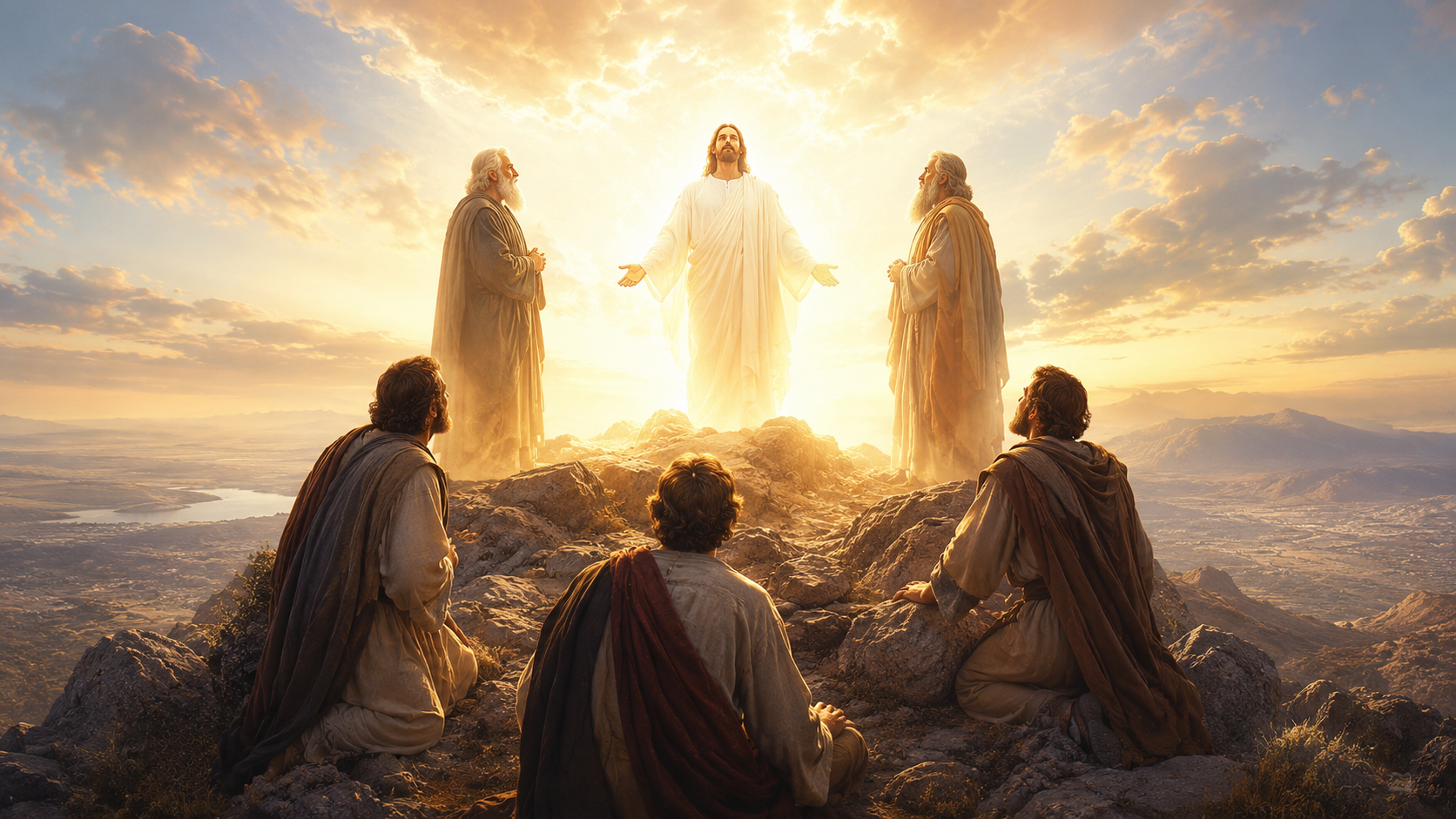 Jesus shines with divine glory between Moses and Elijah as Peter, James, and John kneel in awe on the mountain during the Transfiguration.