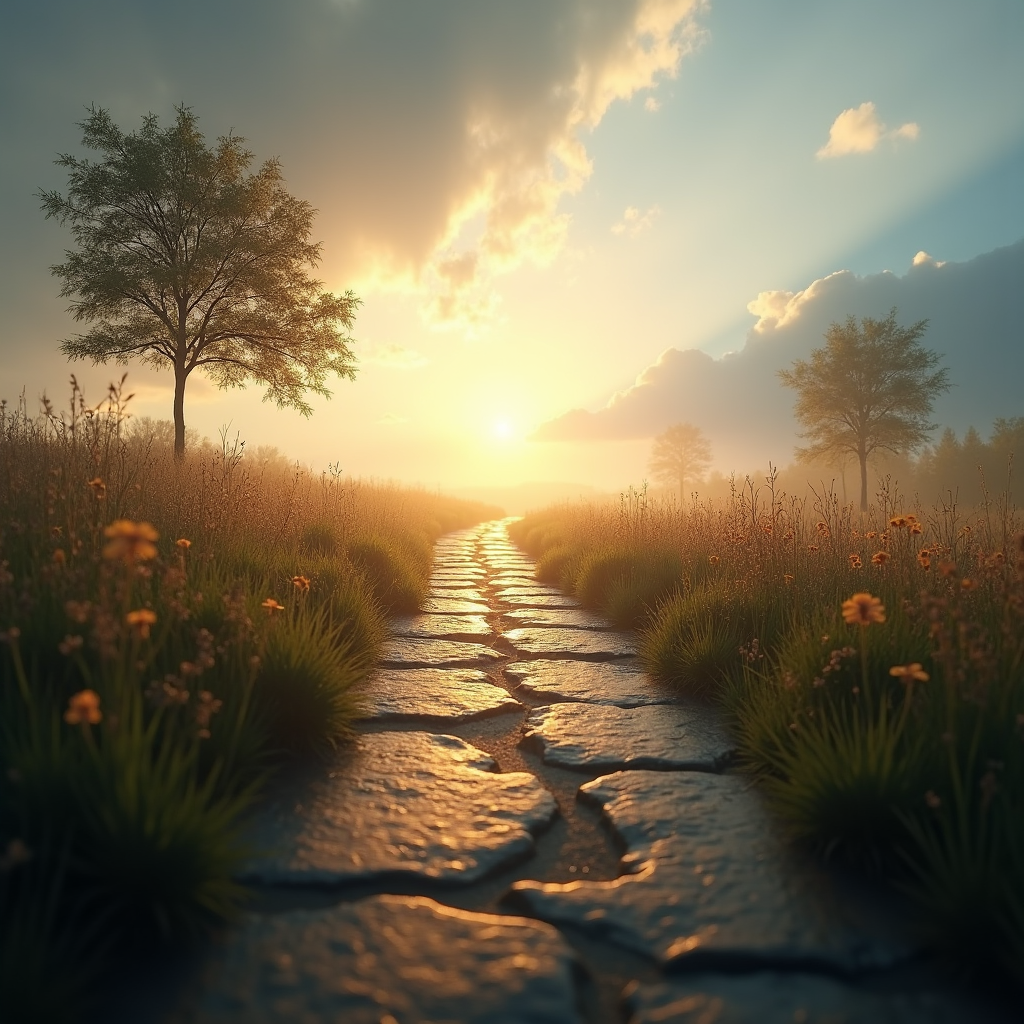 A quiet stone path leading from morning shadows into warm golden light.