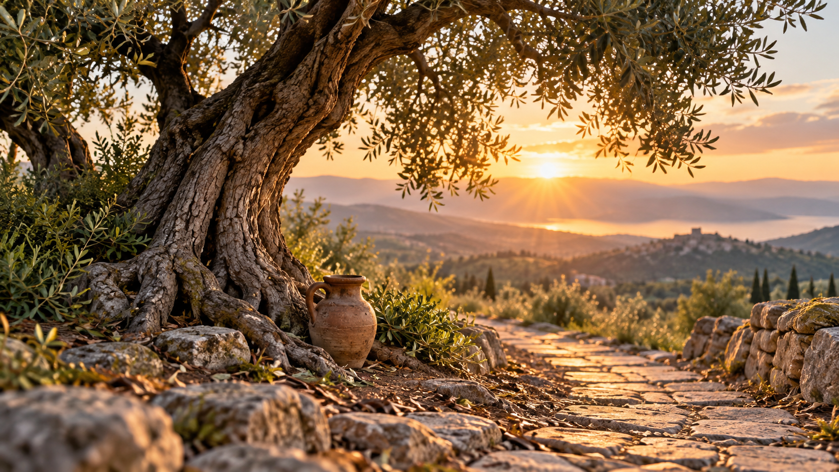 Sunrise lights an olive tree, stone path, and earthen pitcher.