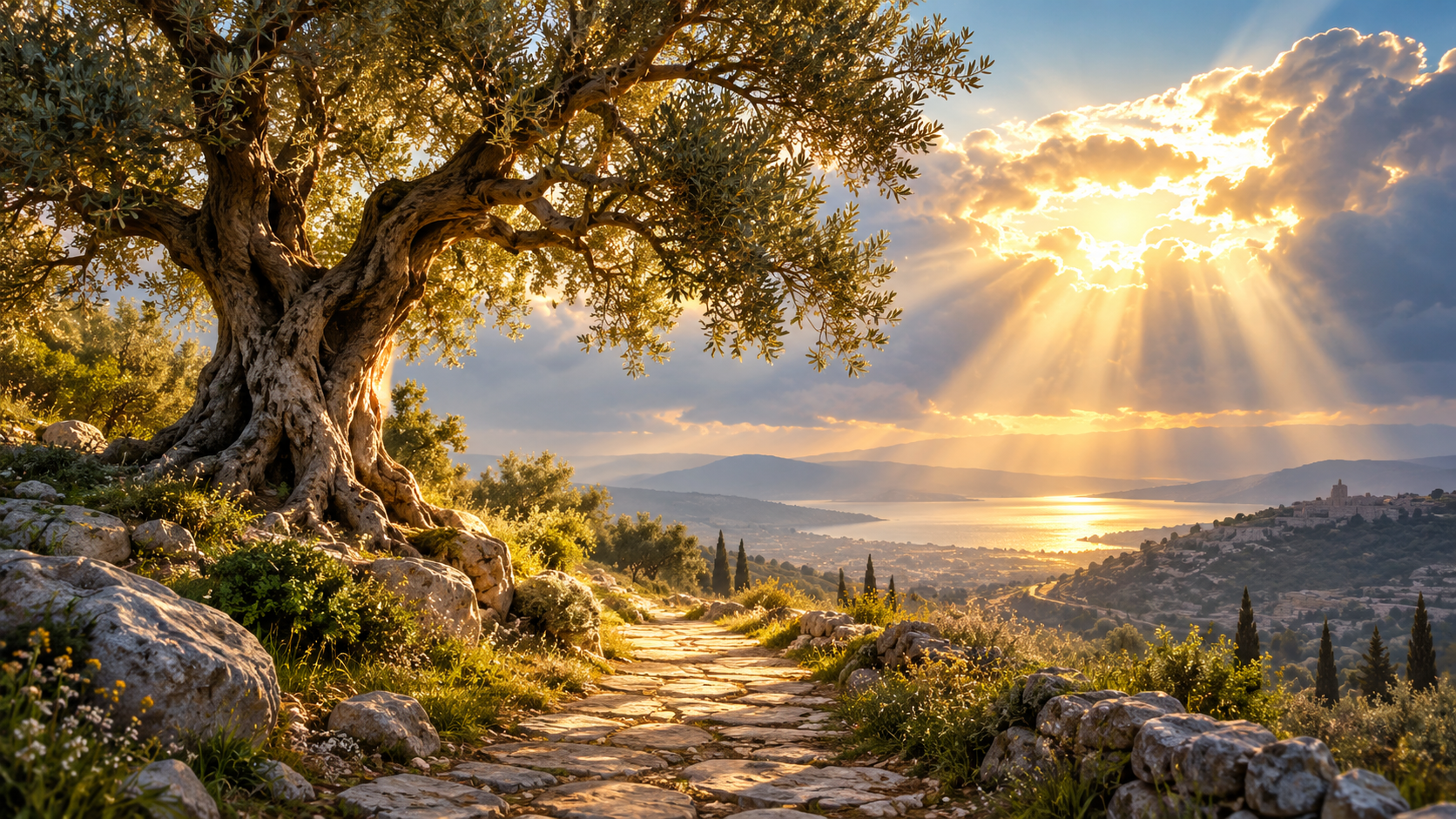 An old tree beside a stone path overlooking water beneath sunlit clouds.