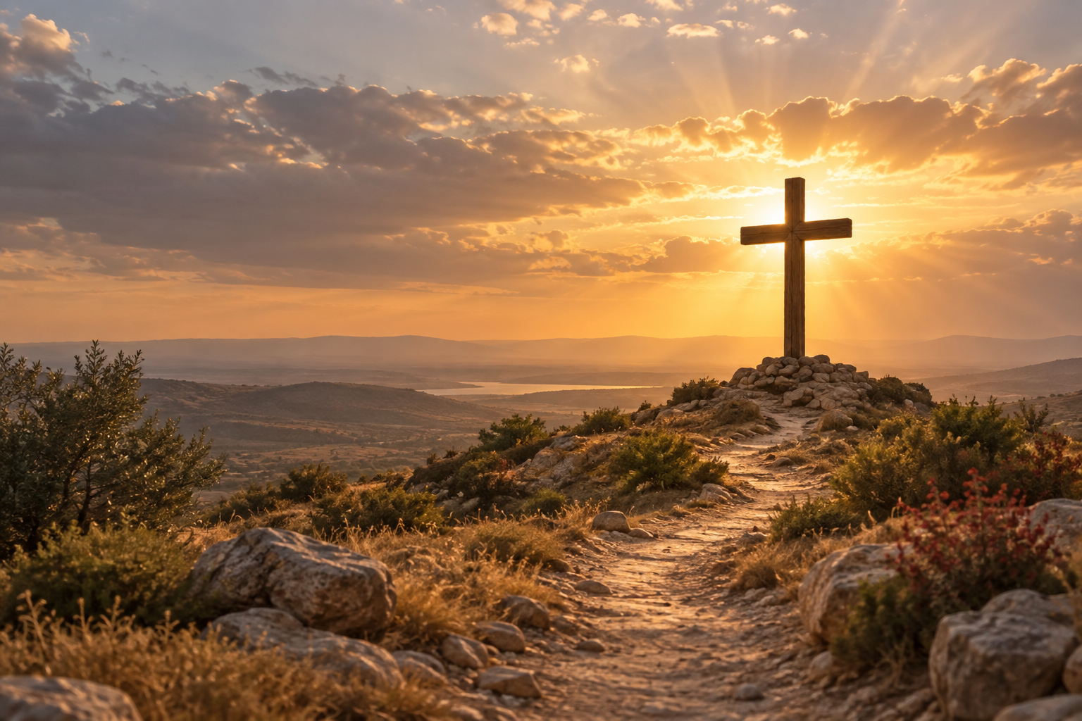 Wooden cross at dawn above a quiet desert path glowing with warm golden light.
