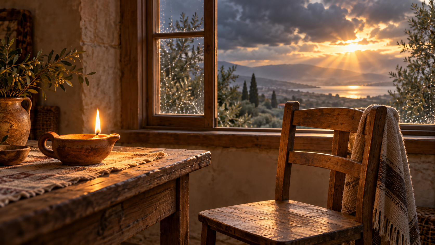 An oil lamp glows beside an empty wooden chair as dawn light breaks through storm clouds.