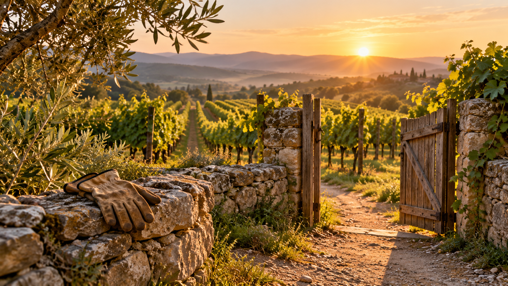 Work gloves beside an open vineyard gate and sunlit path at dawn.