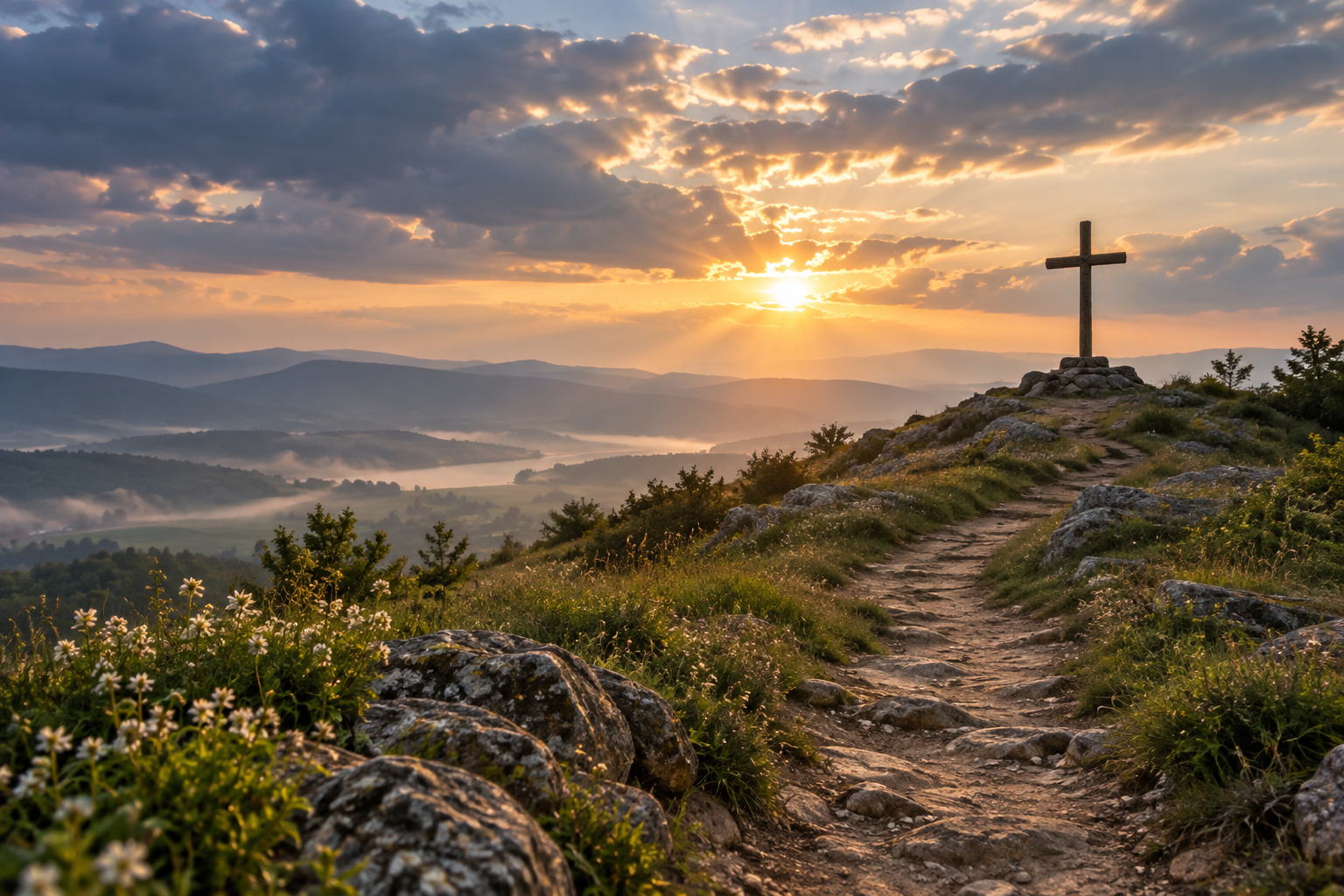 Quiet path leading toward a cross on a hill as warm dawn light breaks through clouds.