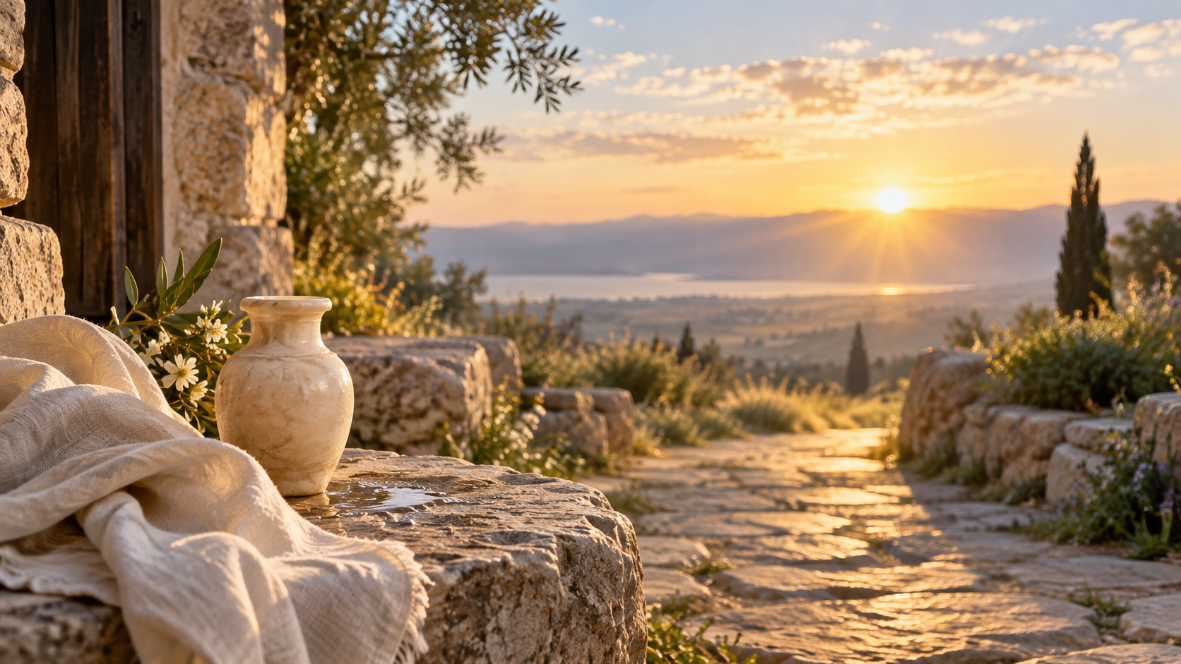 Golden dawn lights a quiet path beside a small alabaster jar, symbolizing grace, forgiveness, and new life.