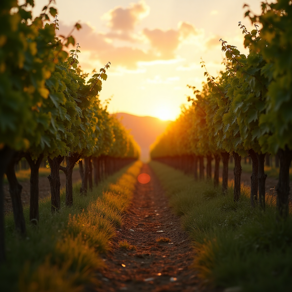 Sunrise over a peaceful vineyard with a simple wineskin and warm light along a narrow path.