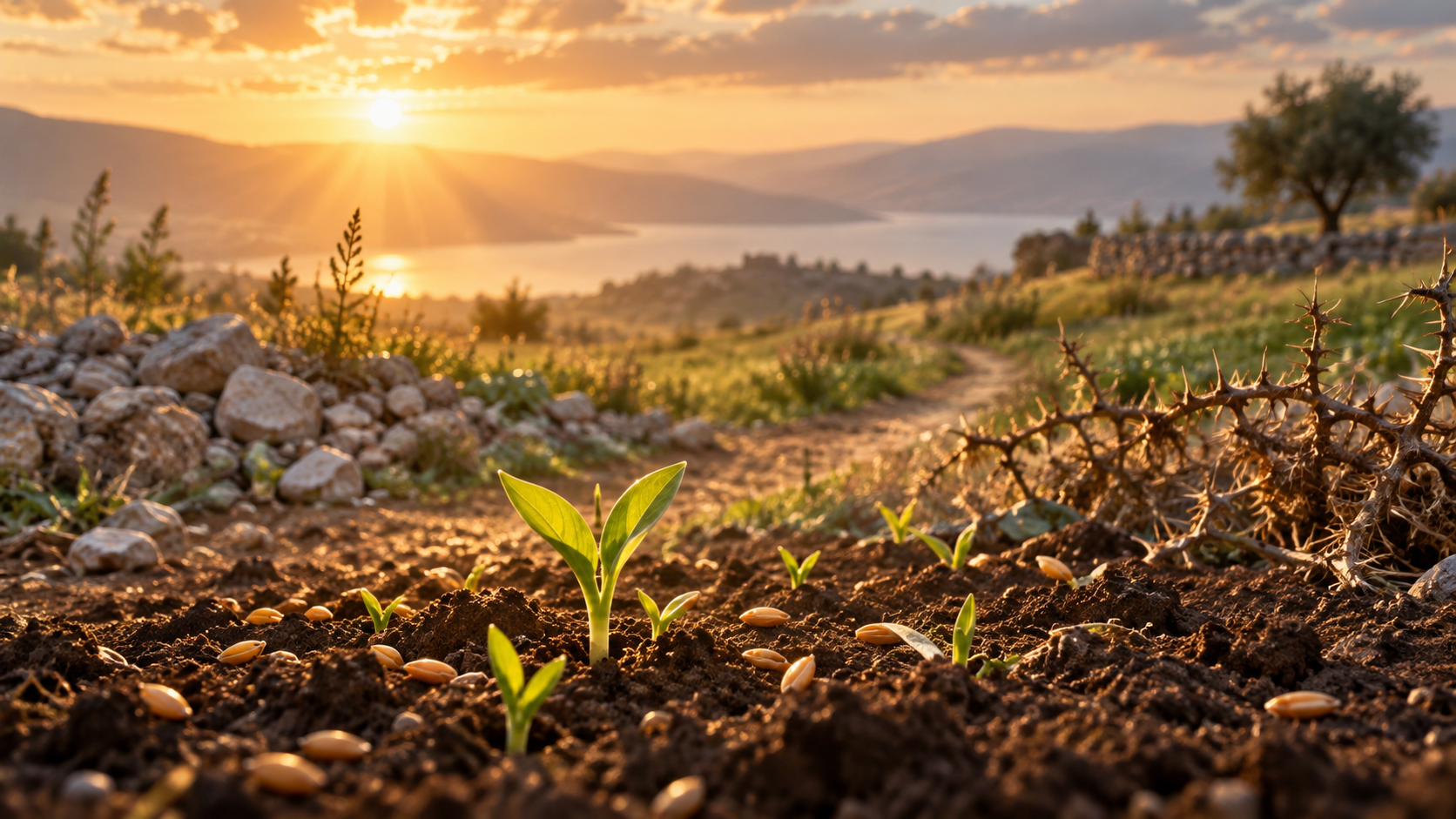Green shoots rise from rich soil in warm dawn light, symbolizing God’s Word bearing fruit through perseverance.