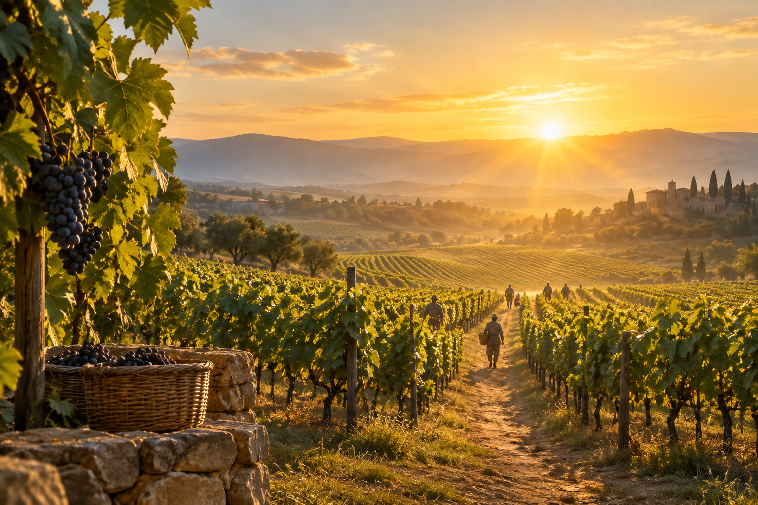 Golden sunrise over a peaceful vineyard with distant workers walking among rows of grapevines.