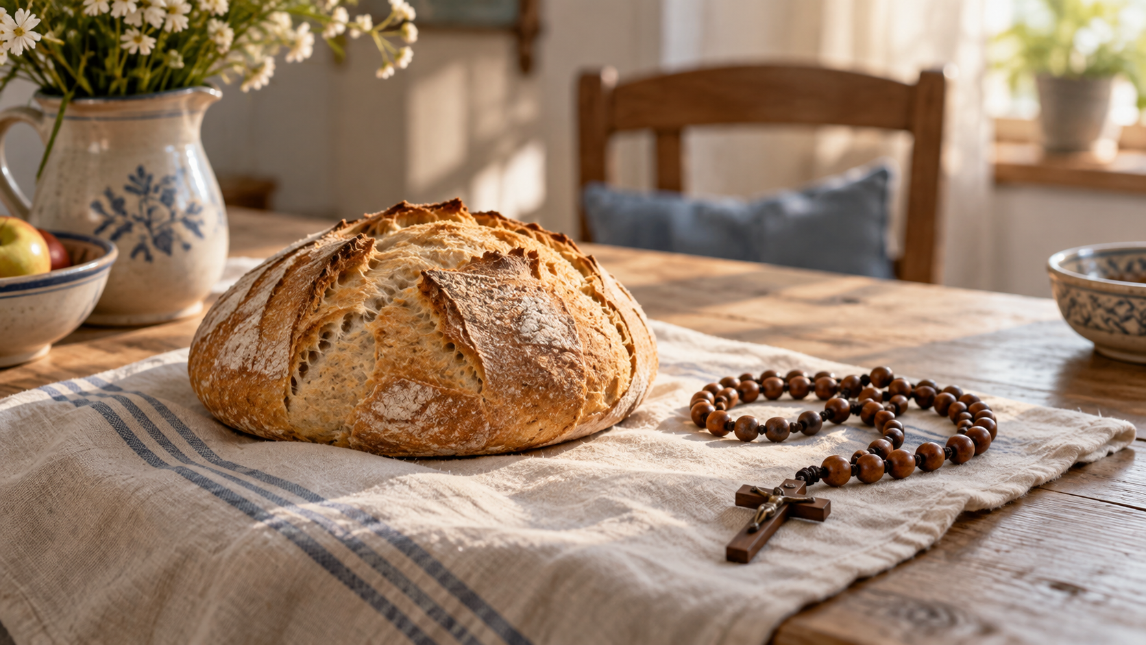 Rustic bread and a wooden rosary on a sunlit table, with an empty chair in the background.