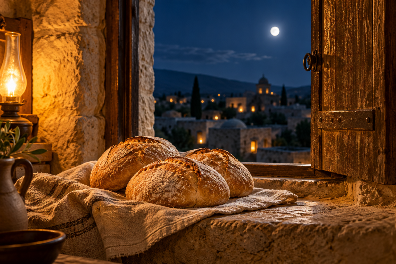 Three rustic loaves on a lamplit stone windowsill beside an open wooden shutter overlooking a village at night.