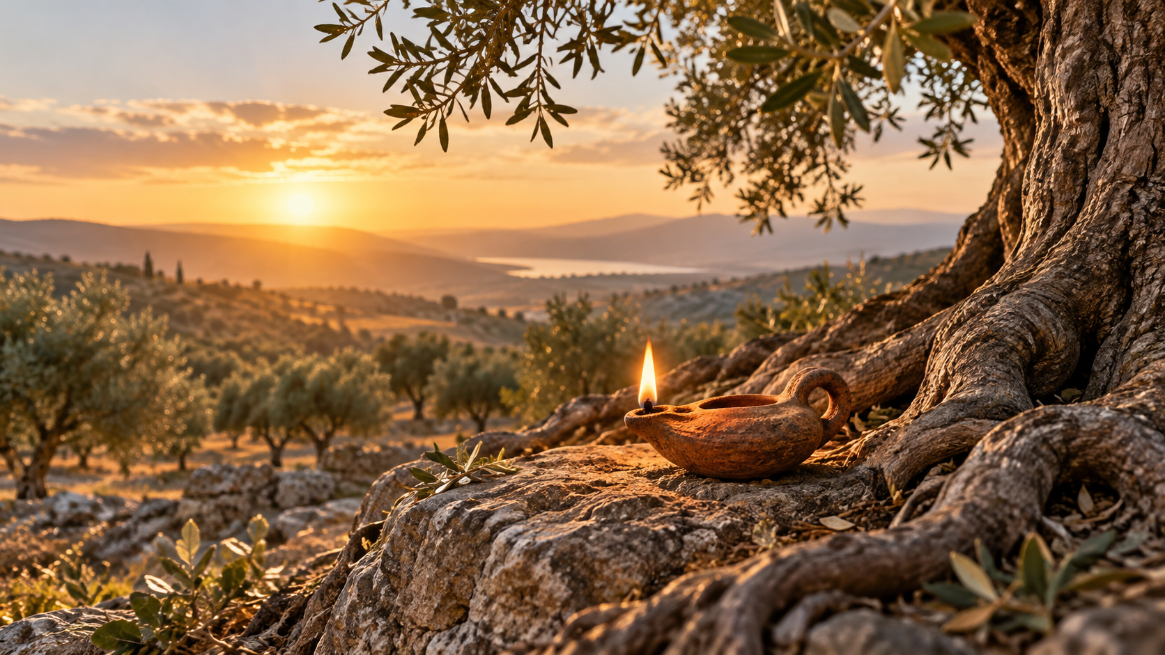 A glowing clay oil lamp rests beside olive tree roots as golden dawn light spreads across a quiet grove.