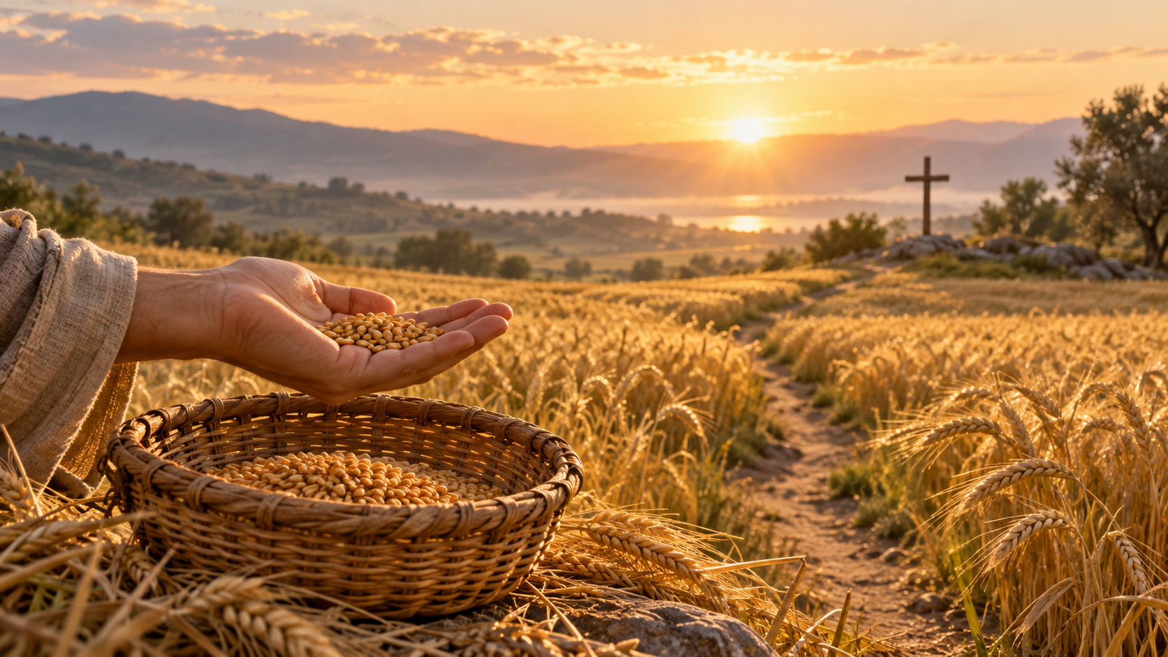 An open hand holds grain beside a basket in a sunlit field, with a path and cross at dawn.