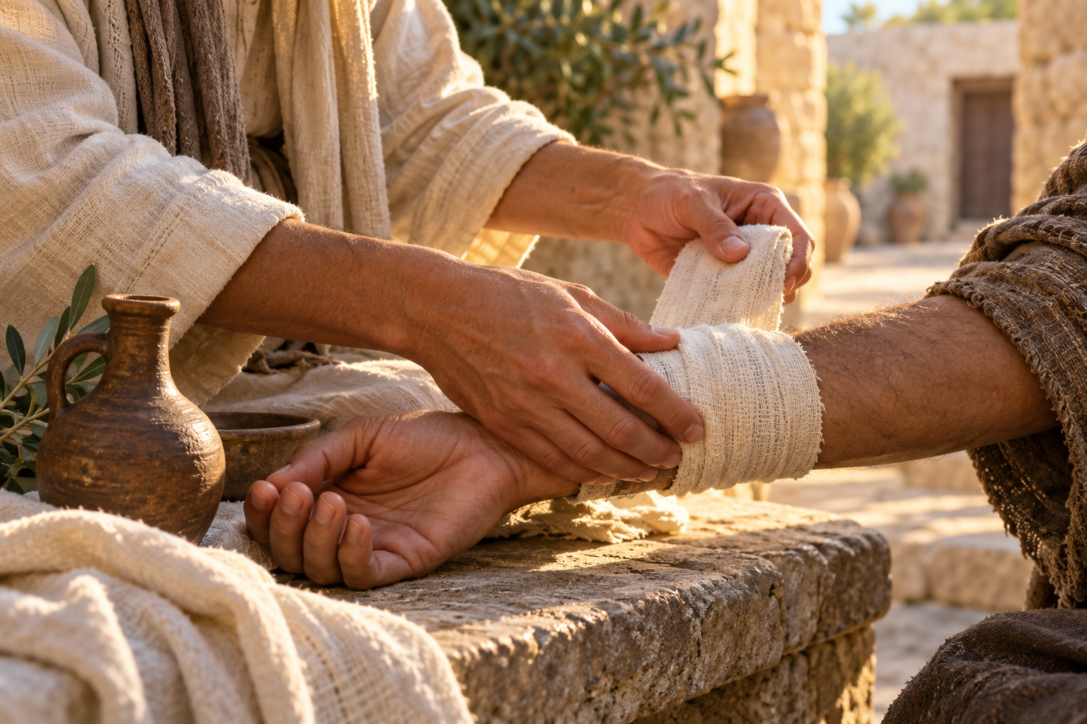 Hands gently wrap a linen bandage around another person’s forearm beside an earthenware flask in warm light.