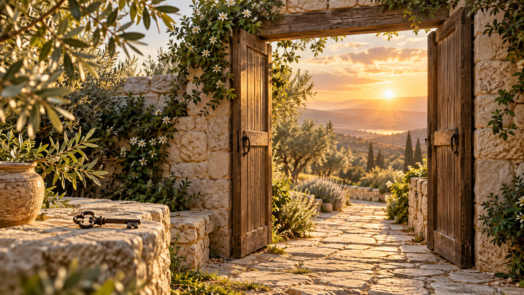 An antique key beside open wooden doors leading along a sunlit garden path at dawn.