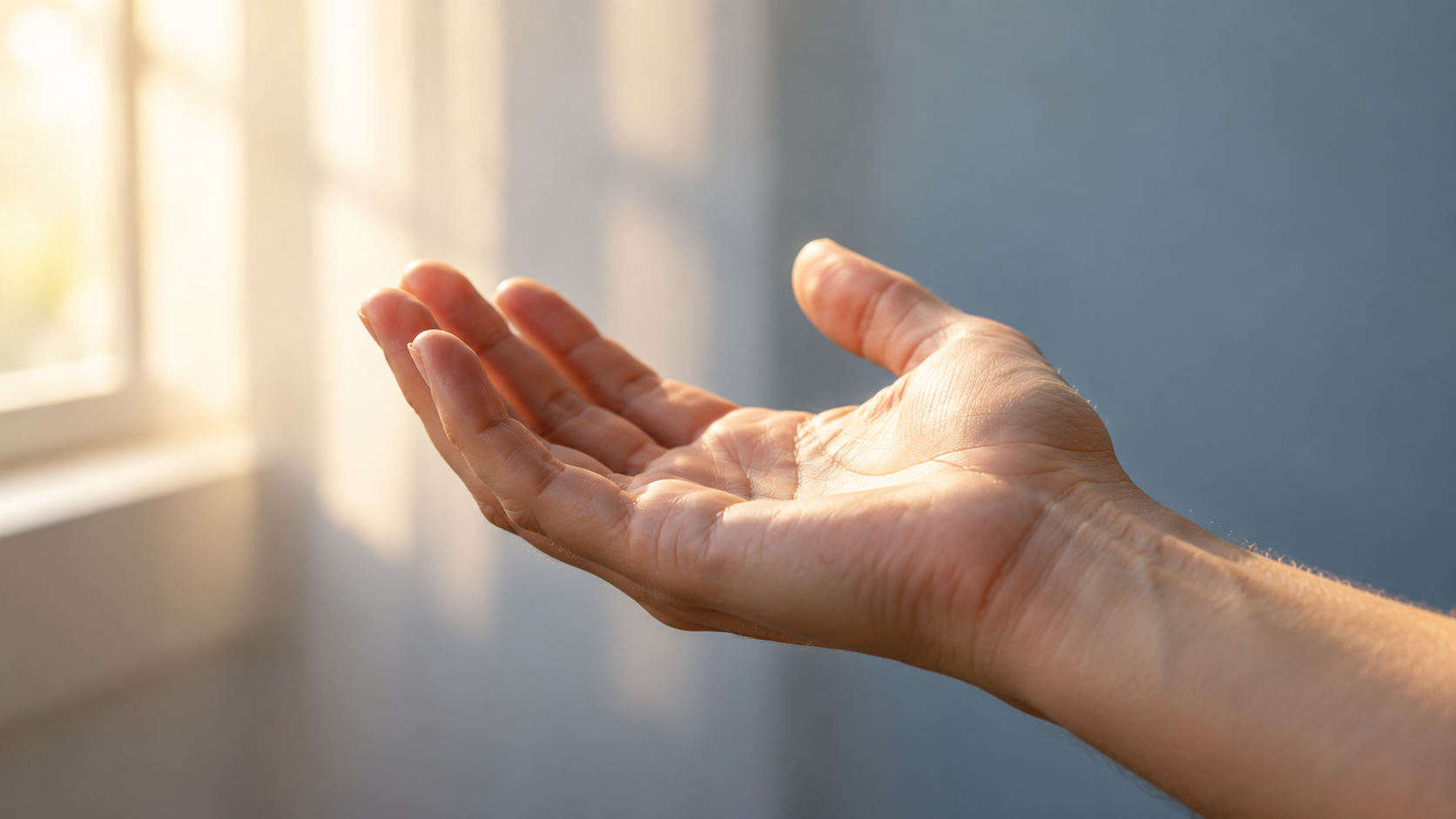 An open hand receives warm window light against a softly blurred blue-gray background.