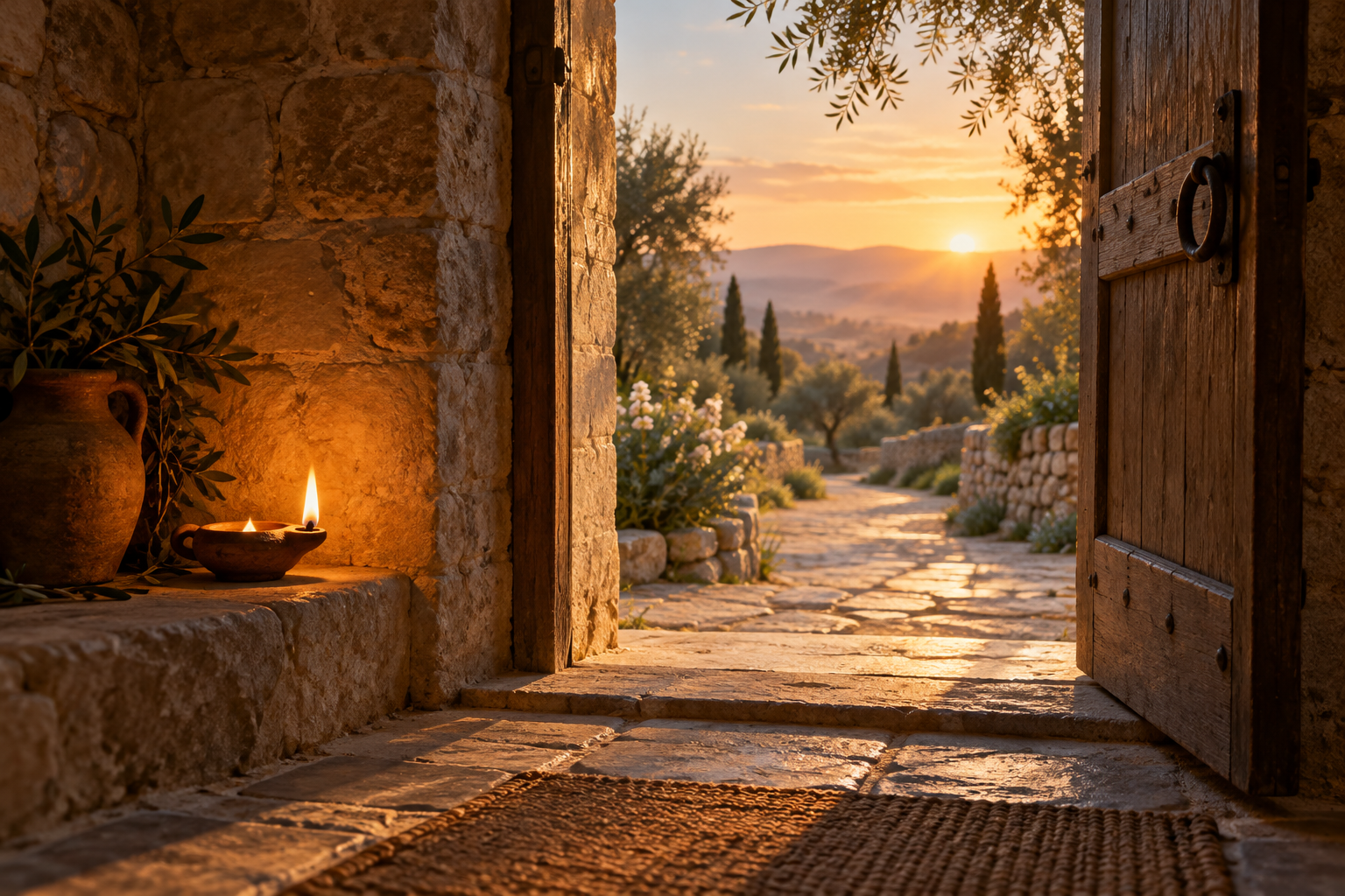 A small lit oil lamp beside an open stone doorway at dawn.