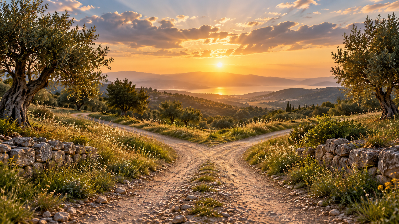 Two countryside paths meet beneath golden dawn light, framed by olive trees.